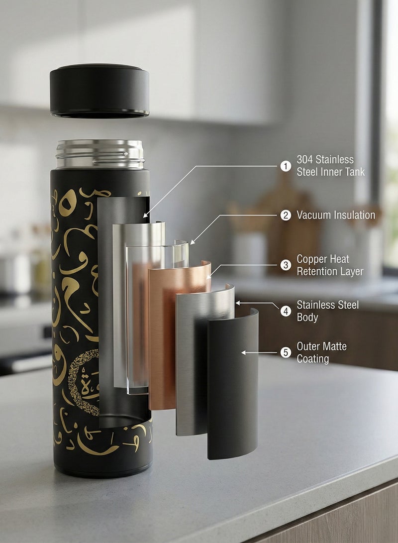 YOONISPRO Arabic Coffee Thermos Gift Set, 3-Piece Set with 500ml 304 Stainless Steel Double-Wall Insulated Thermos and 2 Coffee Cups, Elegant Arabic Calligraphy Design, Ideal Gift for Home and Office - Image 3